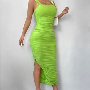 Green Ruched Slit Hem Mesh Bodycon Dress